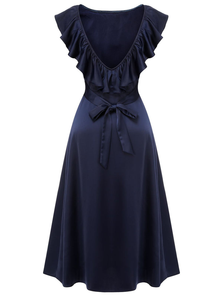 Dark Blue 1930s Flounce Sleeve Cowl Neck Trumpet Dress, vintage dress, retro fashion - perfect for women who love vintage and retro fashion