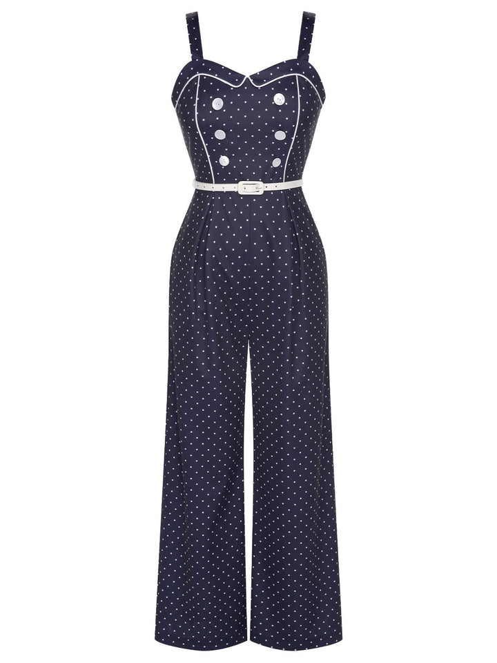 Dark Blue 1930s Polka Dots Straps Jumpsuit, vintage romper, retro jumpsuit - perfect for women who love vintage and retro fashion