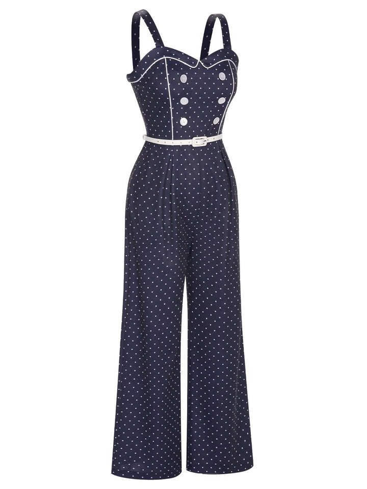 Dark Blue 1930s Polka Dots Straps Jumpsuit, vintage romper, retro jumpsuit - perfect for women who love vintage and retro fashion
