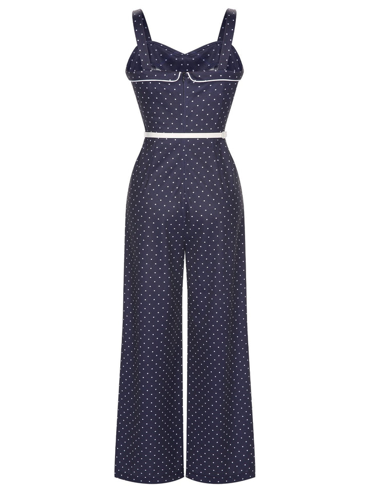 Dark Blue 1930s Polka Dots Straps Jumpsuit, vintage romper, retro jumpsuit - perfect for women who love vintage and retro fashion