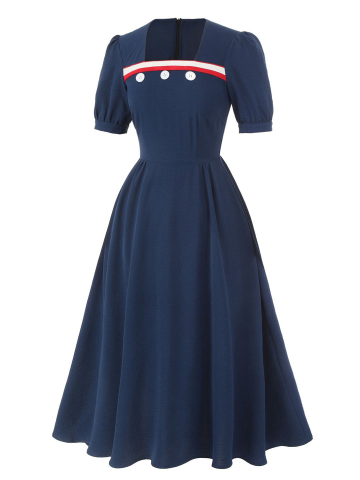 Dark Blue 1930s Square Neck Button Puff Dress, vintage dress, retro fashion - perfect for women who love vintage and retro fashion