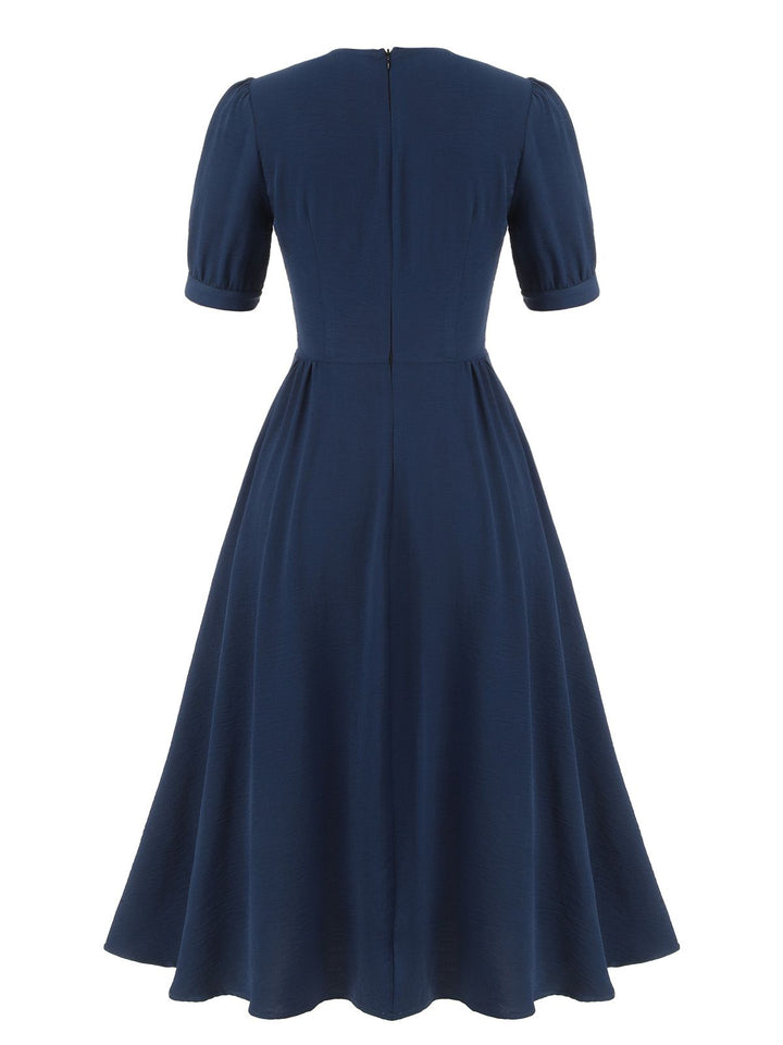 Dark Blue 1930s Square Neck Button Puff Dress, vintage dress, retro fashion - perfect for women who love vintage and retro fashion