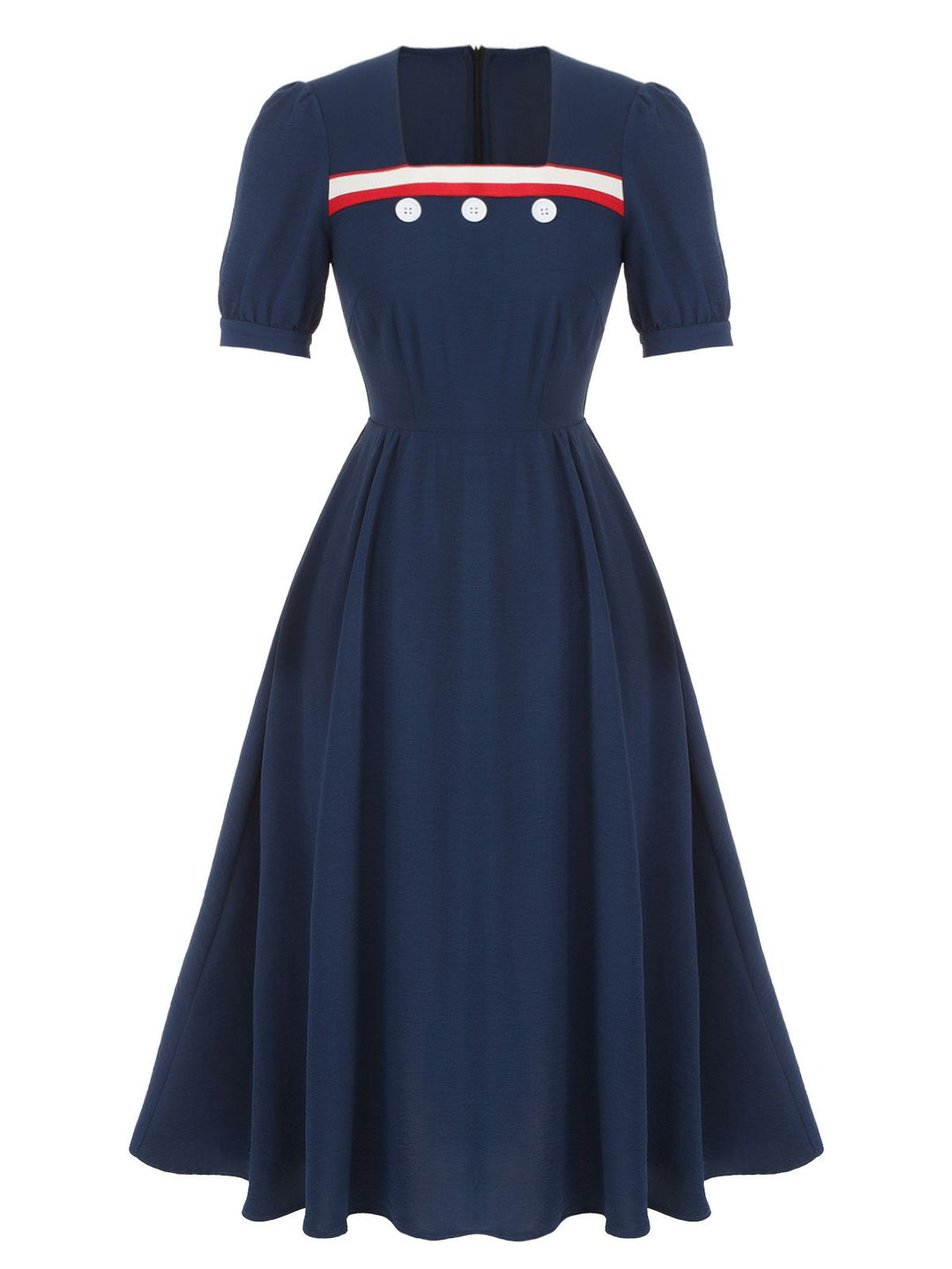 Dark Blue 1930s Square Neck Button Puff Dress, vintage dress, retro fashion - perfect for women who love vintage and retro fashion