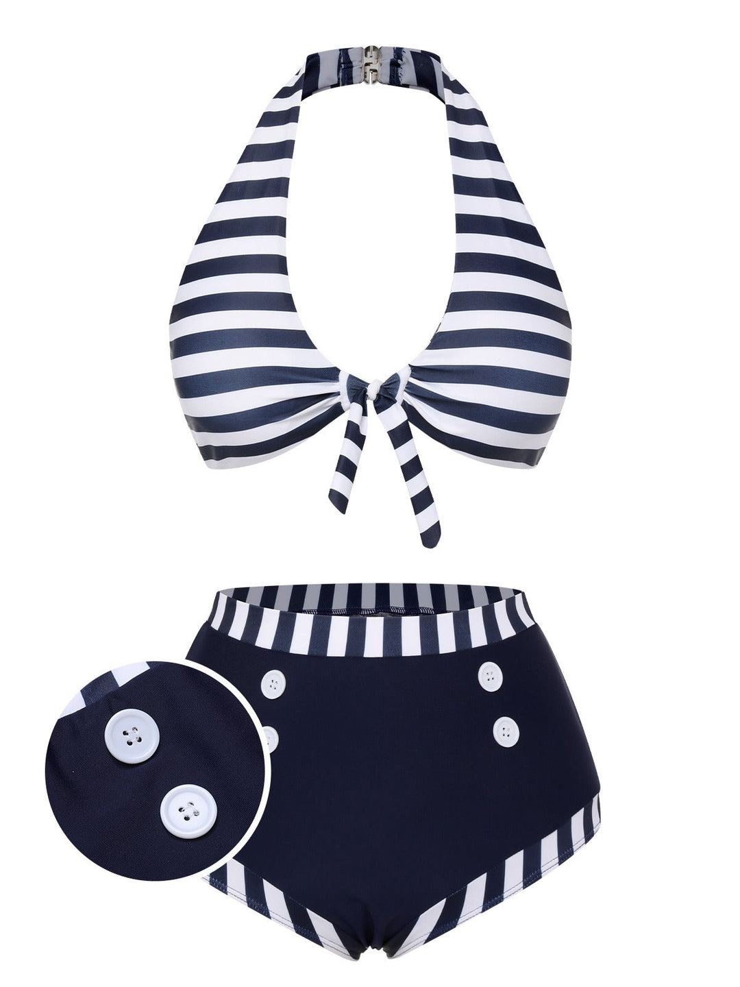 Dark Blue Stripes Halter Buttons Swimsuit, vintage swimsuit, swimwear - perfect for women who love vintage and retro fashion