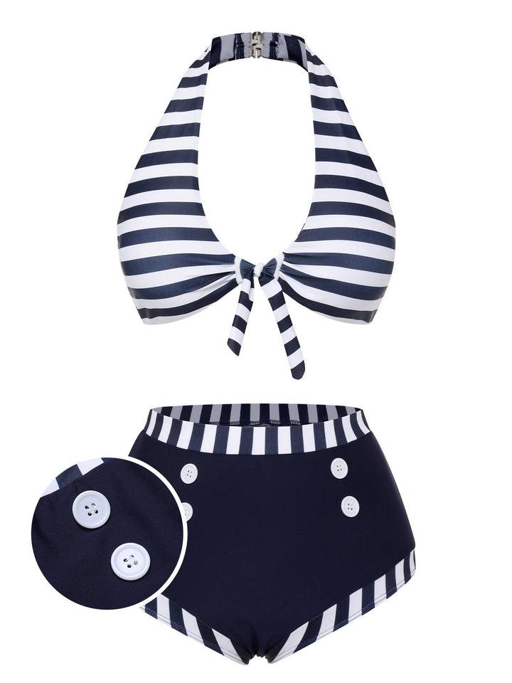 Dark Blue Stripes Halter Buttons Swimsuit, vintage swimsuit, swimwear - perfect for women who love vintage and retro fashion