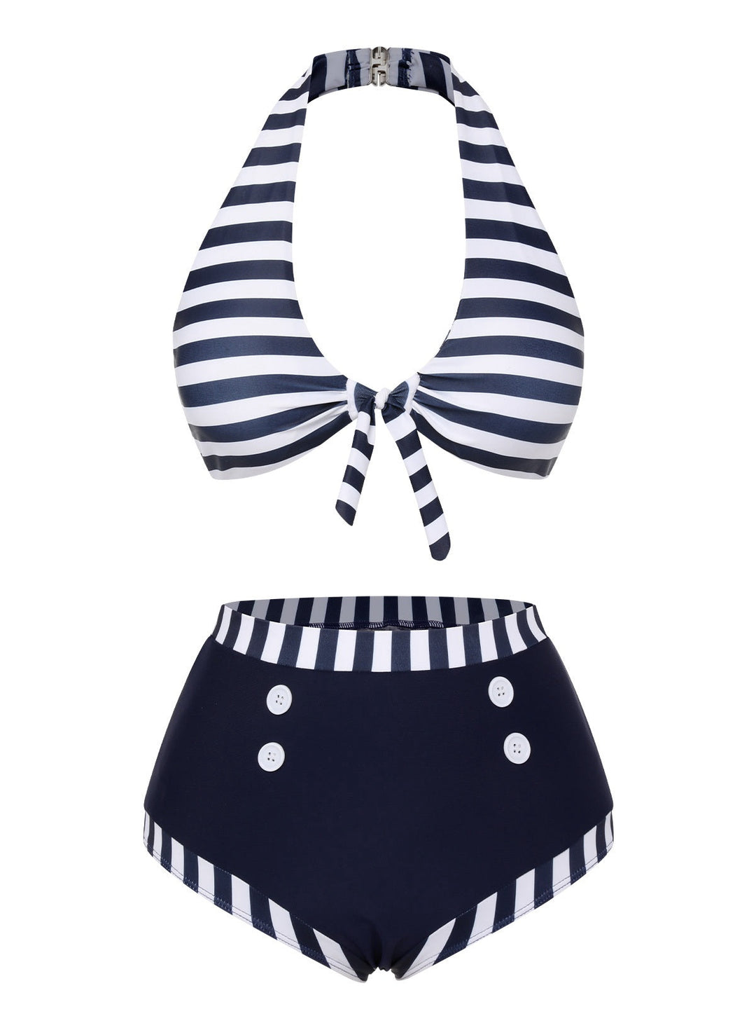 Dark Blue Stripes Halter Buttons Swimsuit, vintage swimsuit, swimwear - perfect for women who love vintage and retro fashion