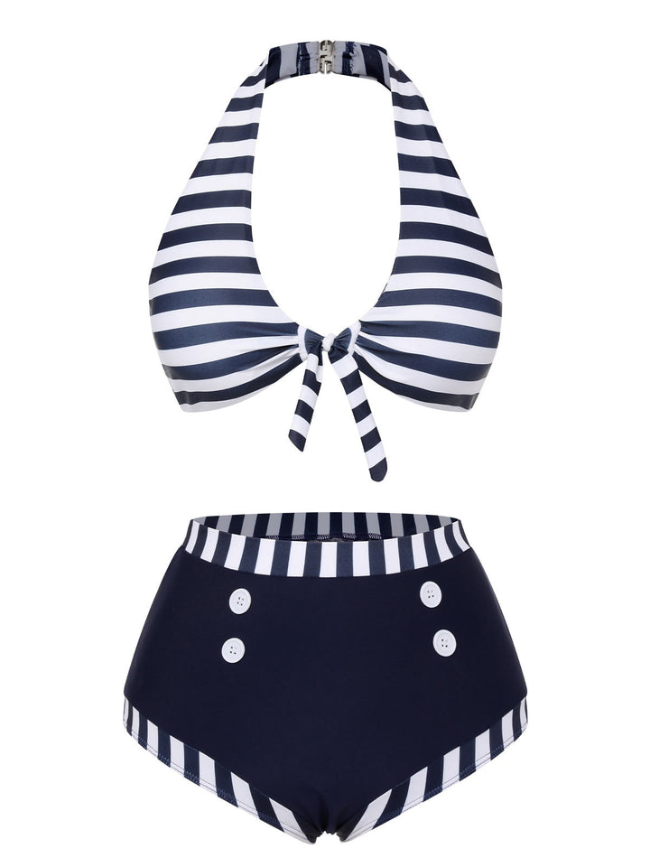 Dark Blue Stripes Halter Buttons Swimsuit, vintage swimsuit, swimwear - perfect for women who love vintage and retro fashion