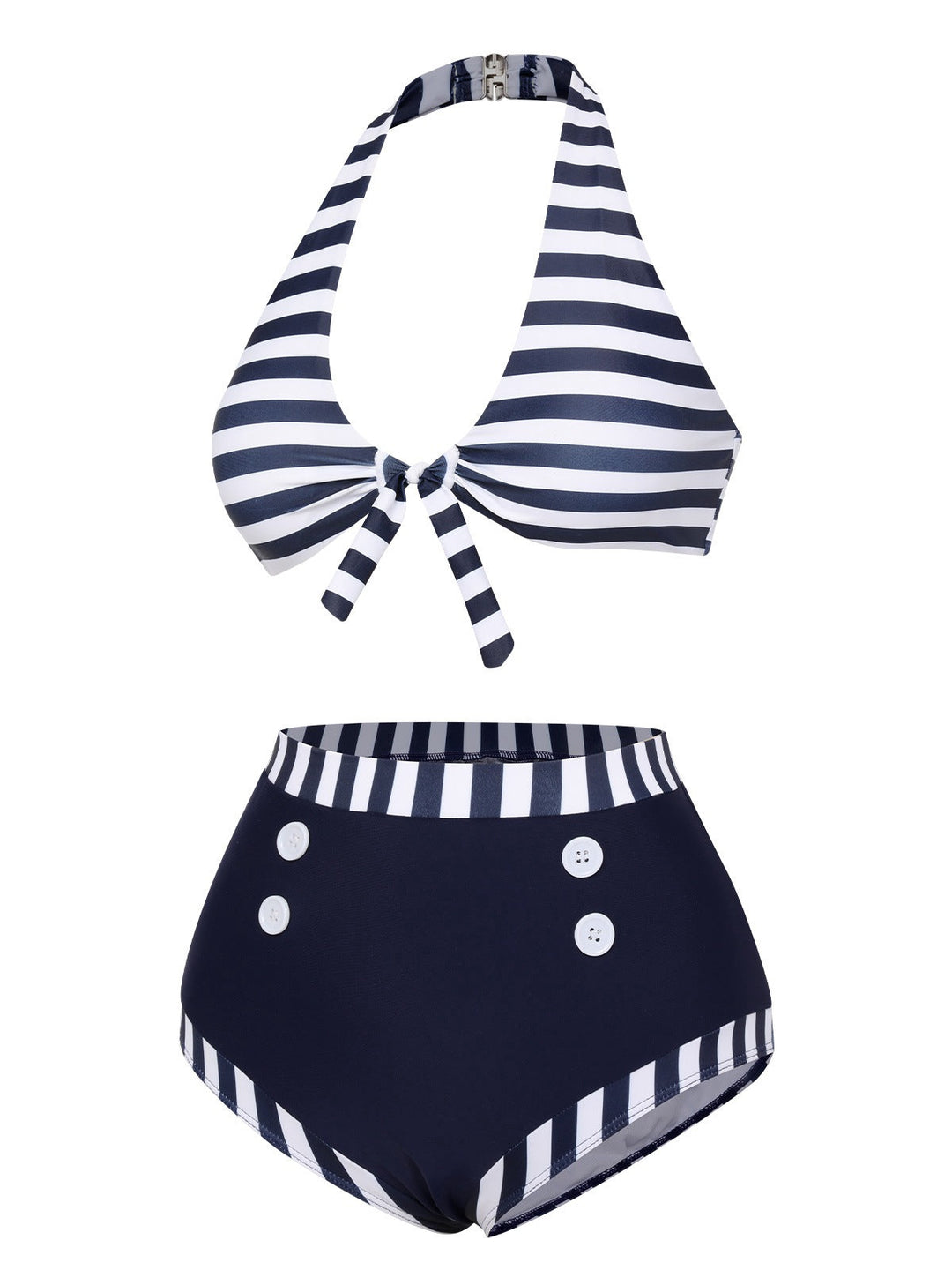Dark Blue Stripes Halter Buttons Swimsuit, vintage swimsuit, swimwear - perfect for women who love vintage and retro fashion
