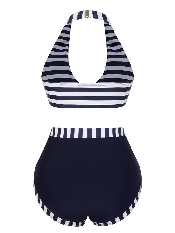 Dark Blue Stripes Halter Buttons Swimsuit, vintage swimsuit, swimwear - perfect for women who love vintage and retro fashion