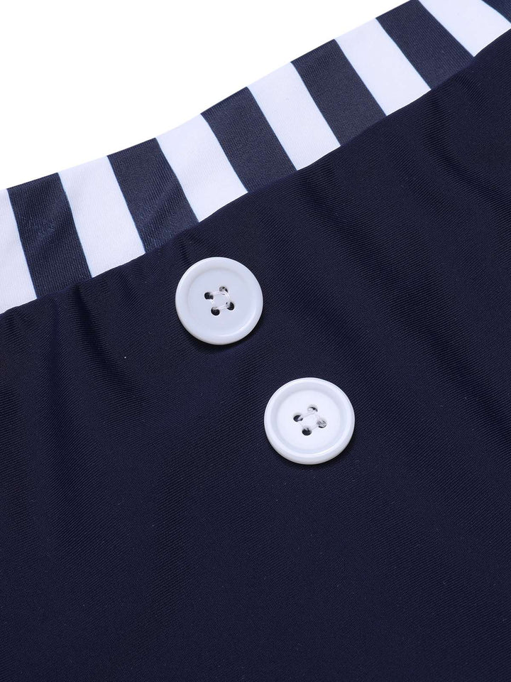 Dark Blue Stripes Halter Buttons Swimsuit, vintage swimsuit, swimwear - perfect for women who love vintage and retro fashion