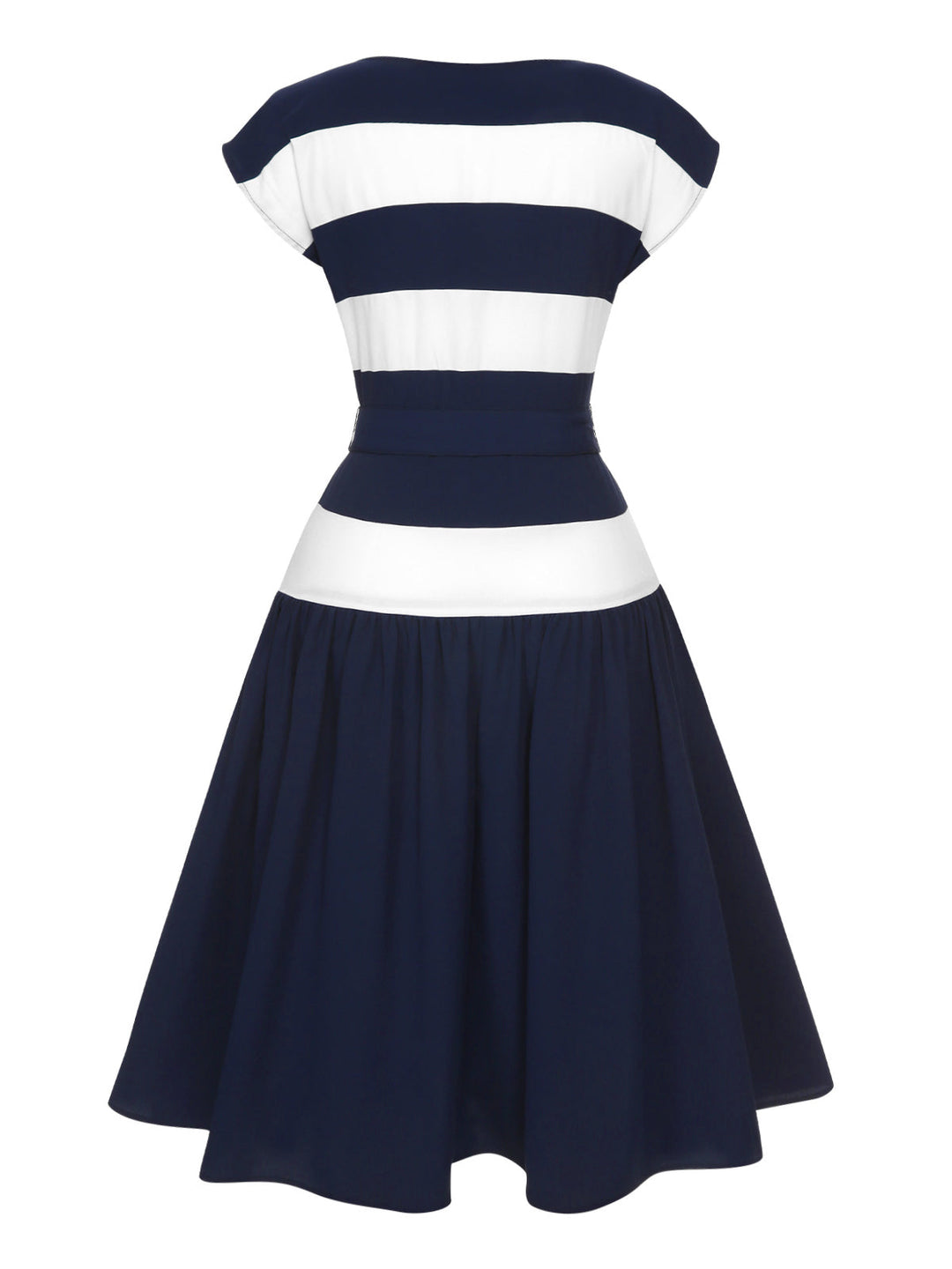 Dark Blue 1940s Boat Neck Stripe Dress: where 1940s romance meets her modern spirit