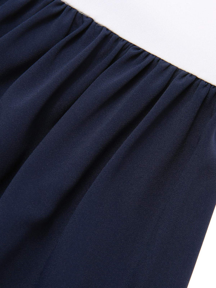 She slips into this Dark Blue 1940s Boat Neck Stripe Dress and suddenly it&
