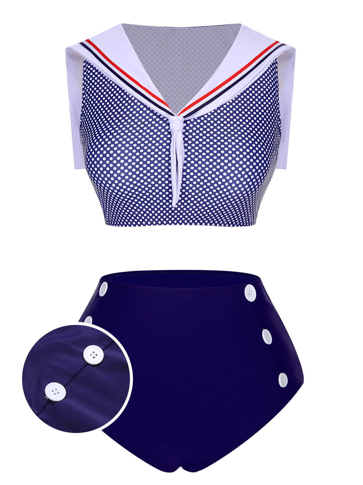 Dark Blue Dots Sailor Collar Swimsuit, vintage swimsuit, swimwear - perfect for women who love vintage and retro fashion