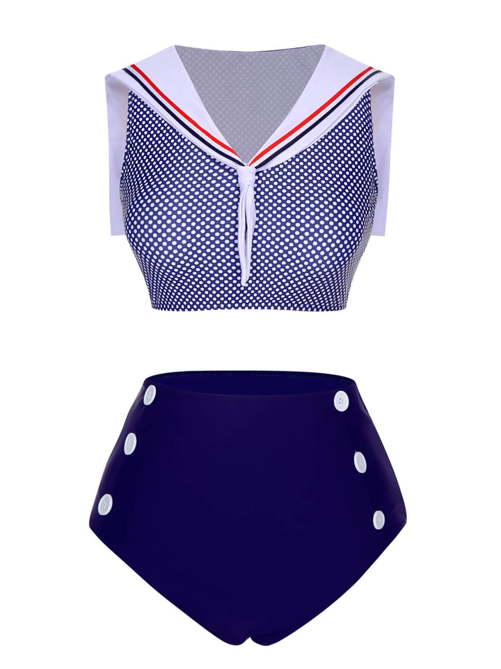 Dark Blue Dots Sailor Collar Swimsuit, vintage swimsuit, swimwear - perfect for women who love vintage and retro fashion