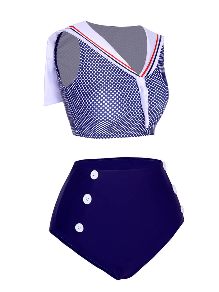 Dark Blue Dots Sailor Collar Swimsuit, vintage swimsuit, swimwear - perfect for women who love vintage and retro fashion