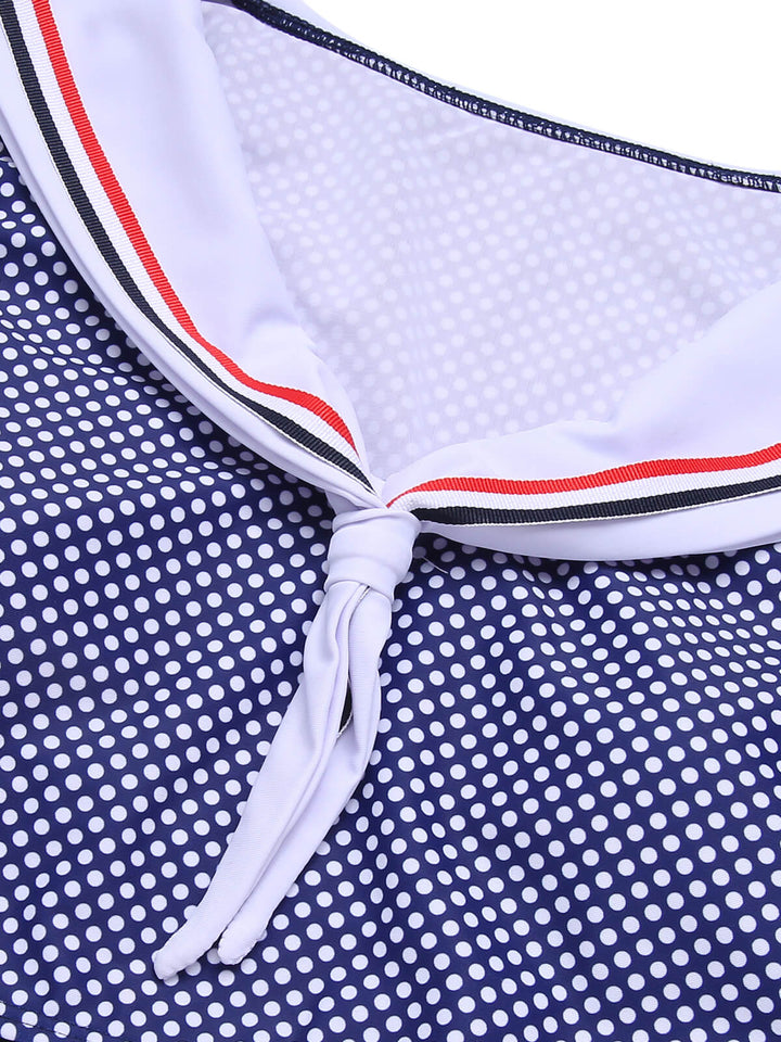 Dark Blue Dots Sailor Collar Swimsuit, vintage swimsuit, swimwear - perfect for women who love vintage and retro fashion