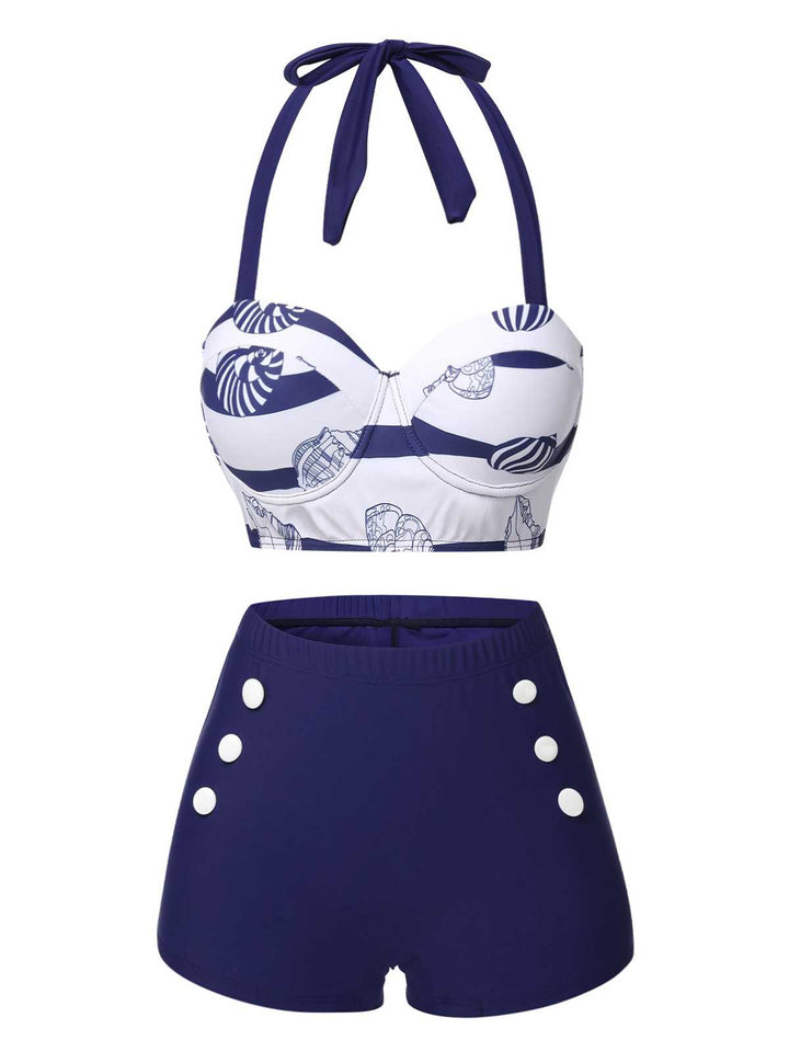 Dark Blue 1940s Halter Ocean Stripes Swimsuit: 1940s Riviera elegance, reimagined for her