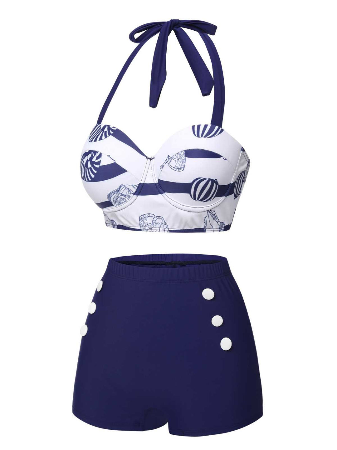 This Dark Blue 1940s Halter Ocean Stripes Swimsuit carries 1940s vacation dreams in every stitch
