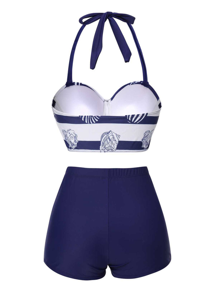 Dark Blue 1940s Halter Ocean Stripes Swimsuit — because 1940s glamour never goes out of style