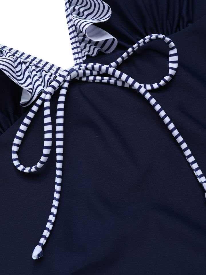Dark Blue 1940s Striped Ruffled Swimsuit: 1940s Riviera elegance, reimagined for her