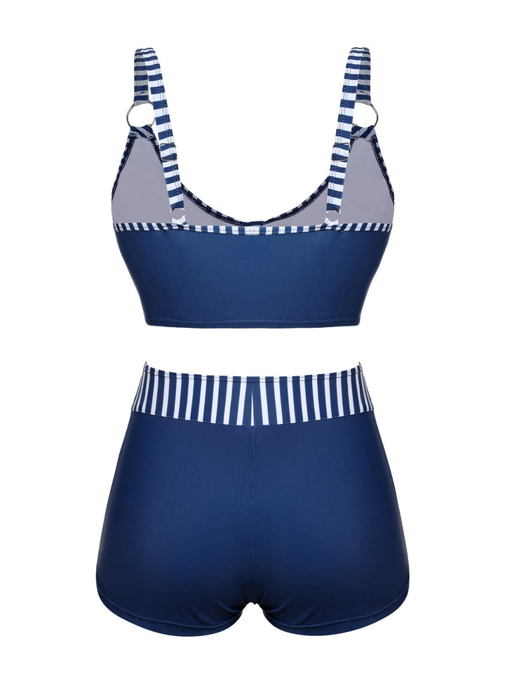 Dark Blue 1940s Stripes Strap Drawstring Swimsuit, vintage swimsuit, pin-up swimwear - perfect for women who love vintage and retro fashion