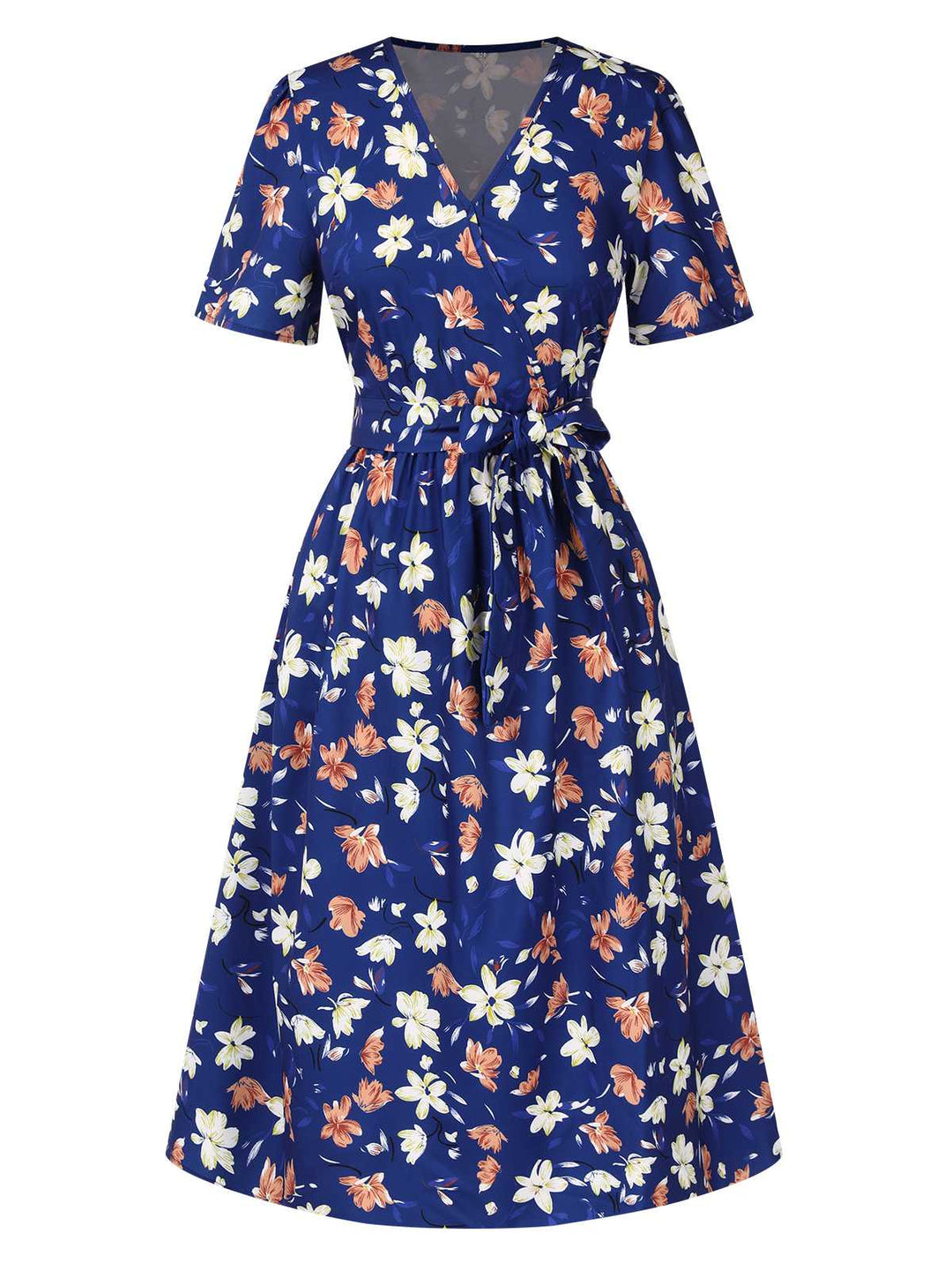Dark Blue 1940s V-Neck Floral Dress, vintage dress, retro fashion, floral print - perfect for women who love vintage and retro fashion