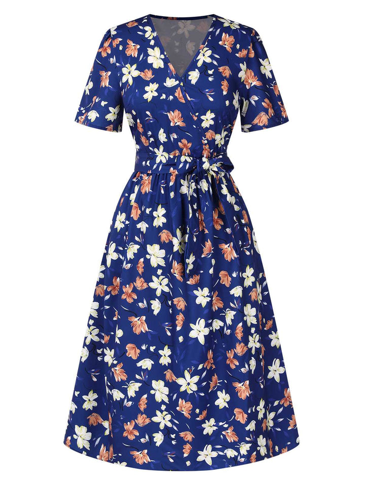 Dark Blue 1940s V-Neck Floral Dress, vintage dress, retro fashion, floral print - perfect for women who love vintage and retro fashion