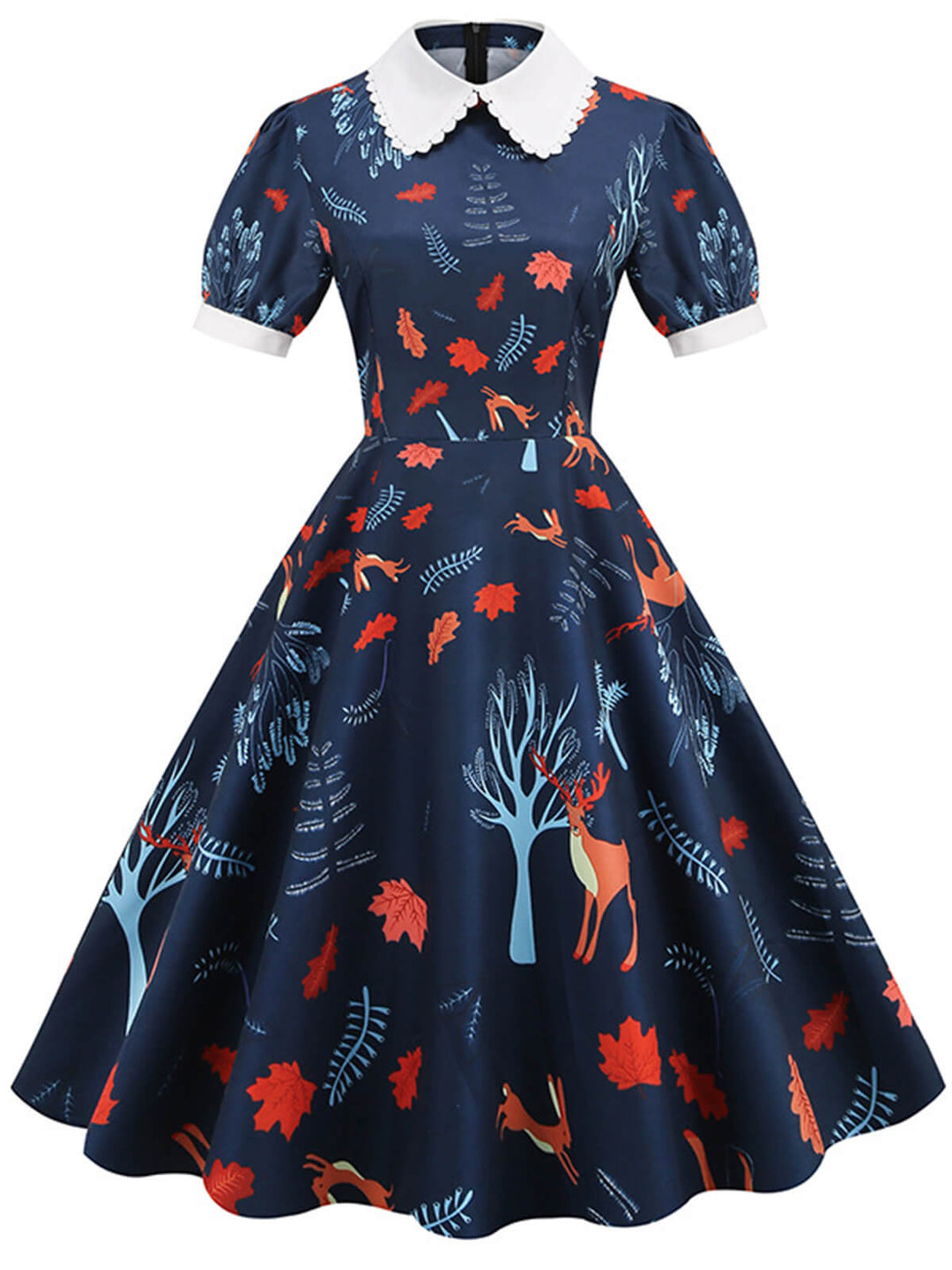 She slips into this Dark Blue 1950s Forest Puff Lapel Dress and suddenly it&