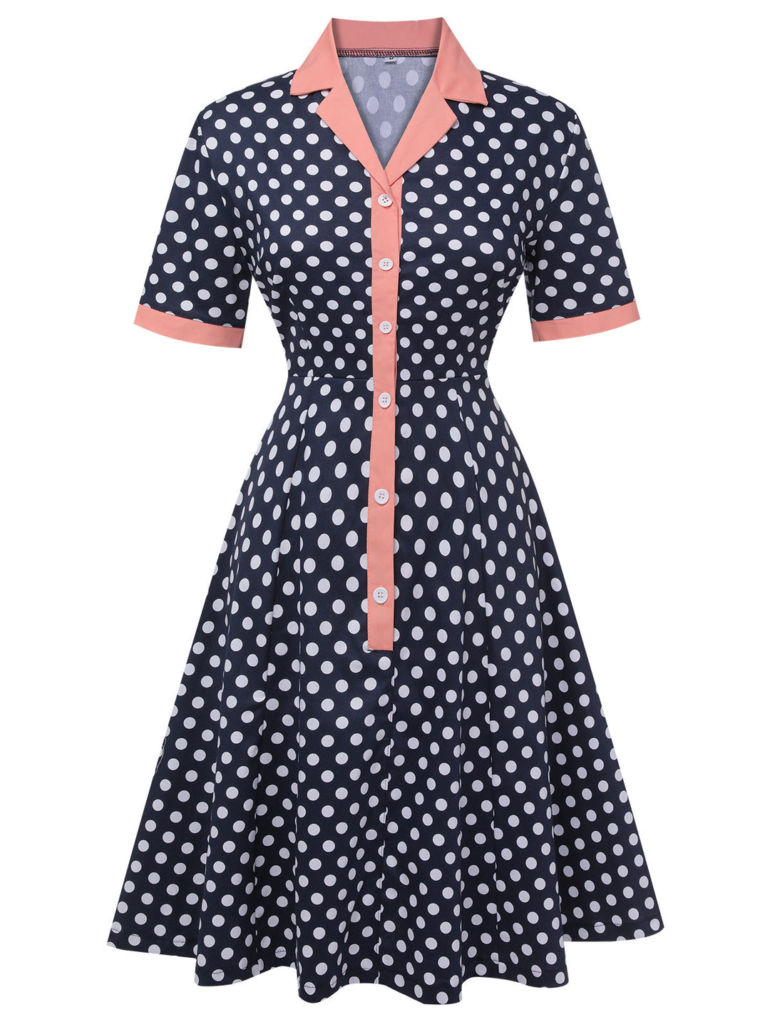 She slips into this Dark Blue 1950s Polka Dot Lapel Dress and suddenly it&