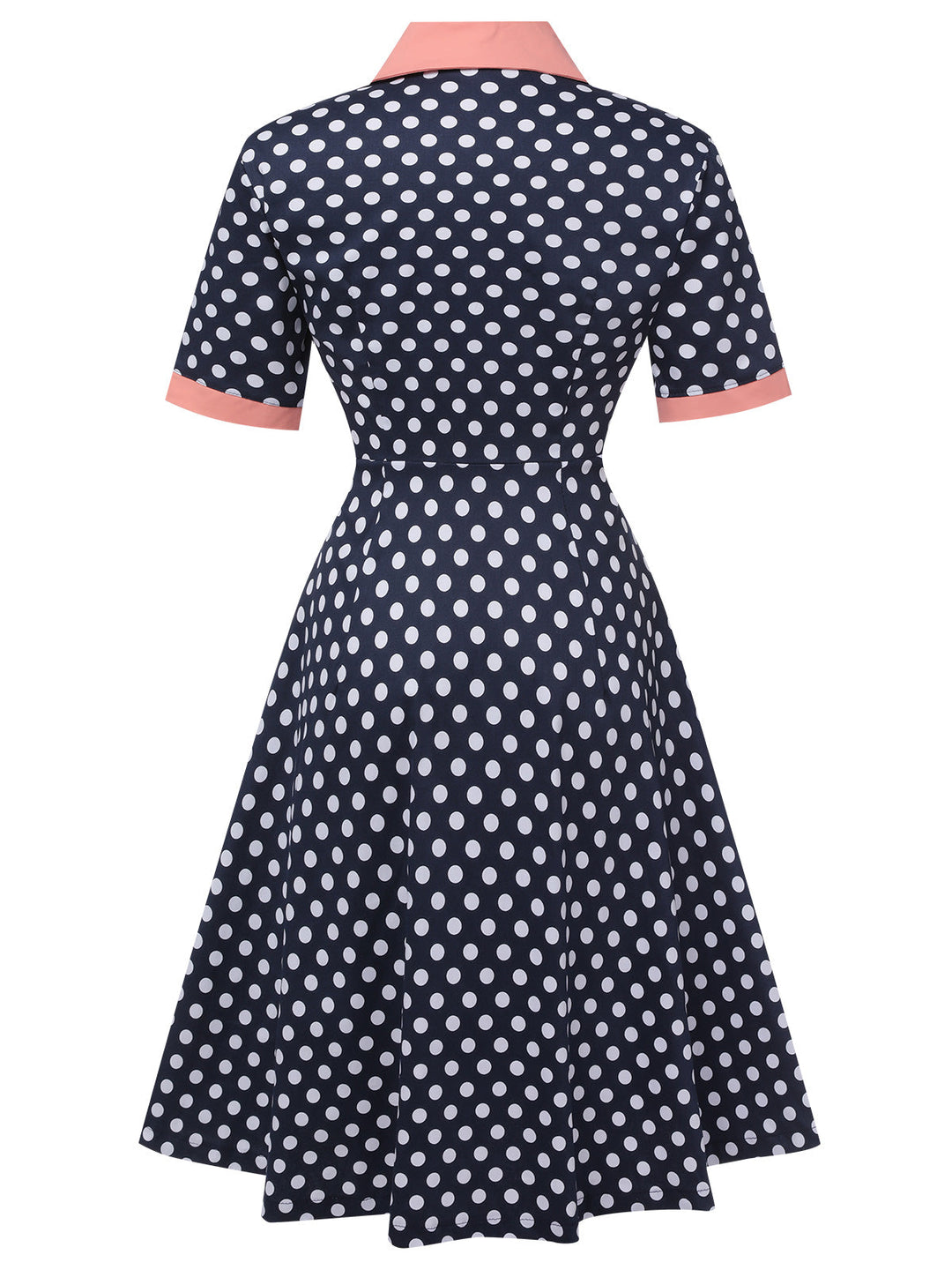 This Dark Blue 1950s Polka Dot Lapel Dress wraps her in 1950s elegance, one twirl at a time