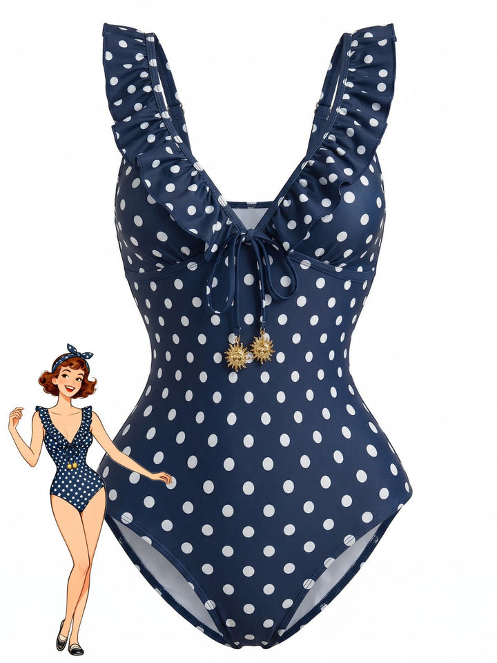 Dark Blue 1950s Polka Dot V-Neck One Piece - vintage fashion, retro style