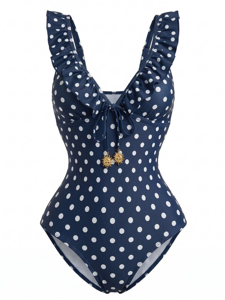 Dark Blue 1950s Polka Dot V-Neck One Piece - vintage fashion, retro style