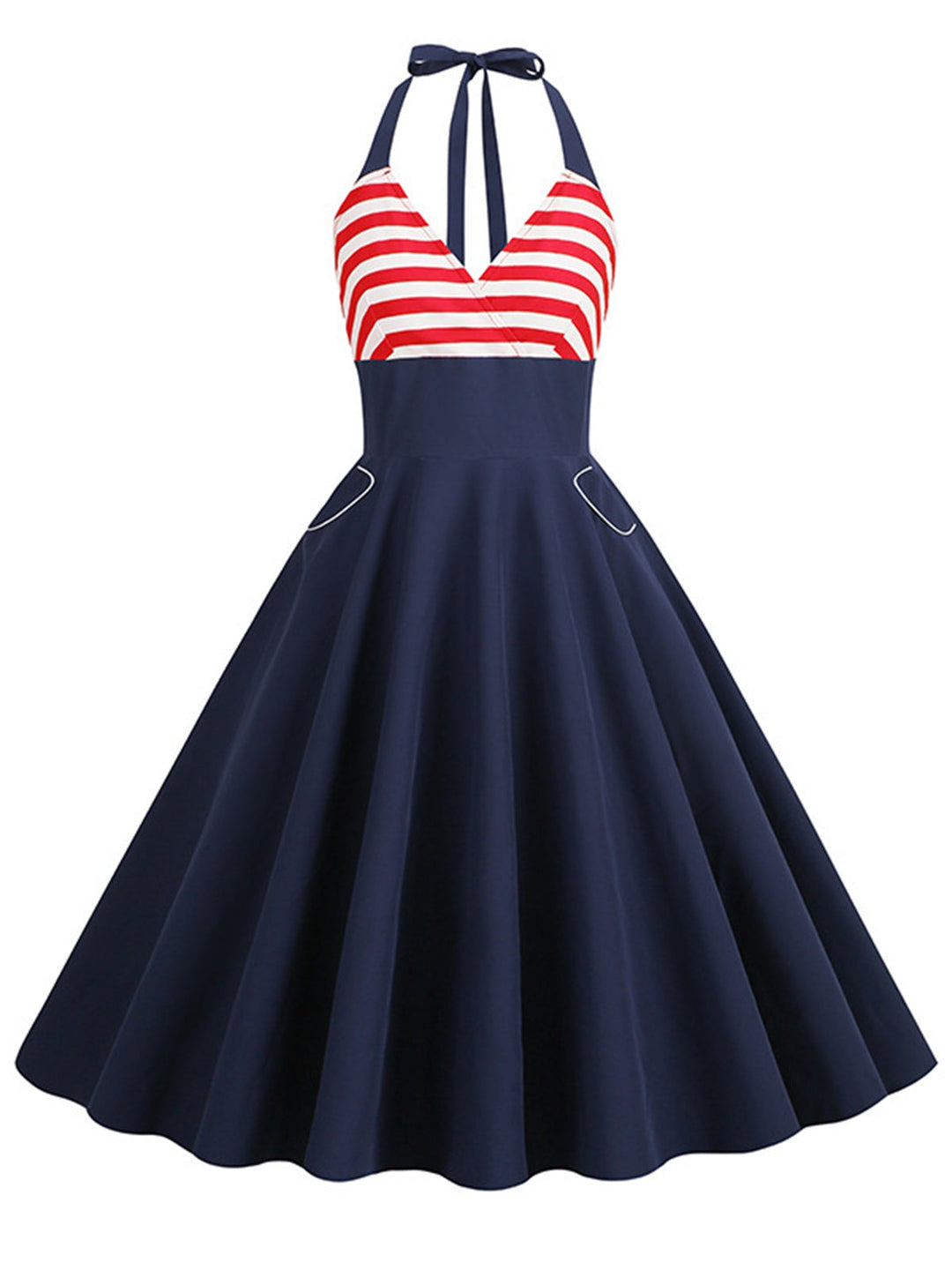 She slips into this Dark Blue 1950s Red &amp; White Stripes Halter Dress and suddenly it&