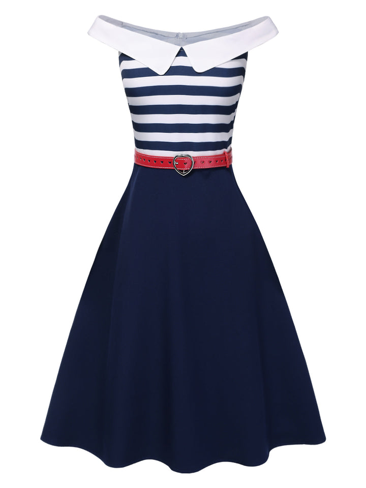 Dark Blue 1950s Striped Off-Shoulder Dress, vintage dress, retro fashion, rockabilly, pin-up fashion - perfect for women who love vintage and retro fashion