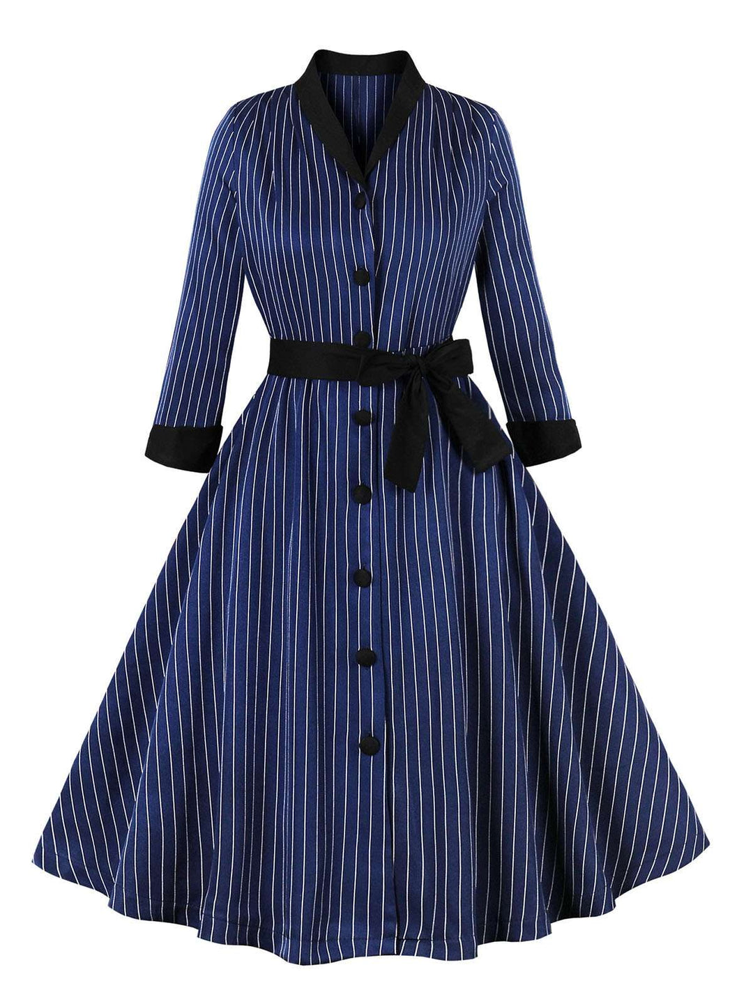 She slips into this Dark Blue 1950s Striped Patchwork Belted Dress and suddenly it&