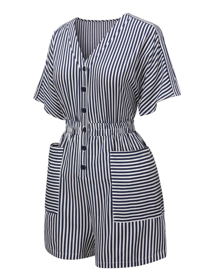 Dark Blue 1950s V-Neck Pockets Stripes Romper: timeless 1950s elegance she makes her own