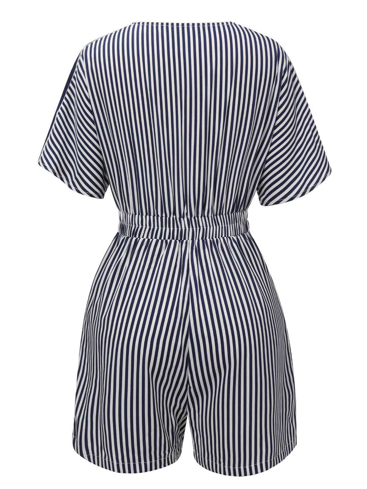 This Dark Blue 1950s V-Neck Pockets Stripes Romper whispers 1950s secrets to those who notice
