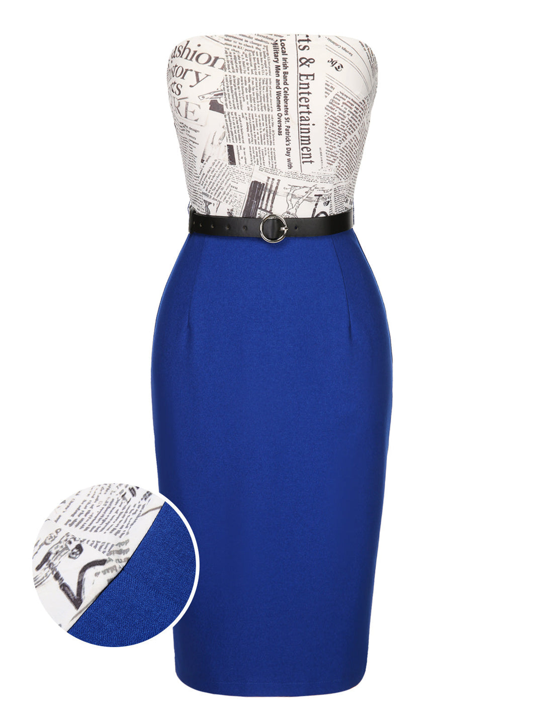 She slips into this Dark Blue 1960s Bandeau Newspaper Belted Pencil Dress and suddenly it&