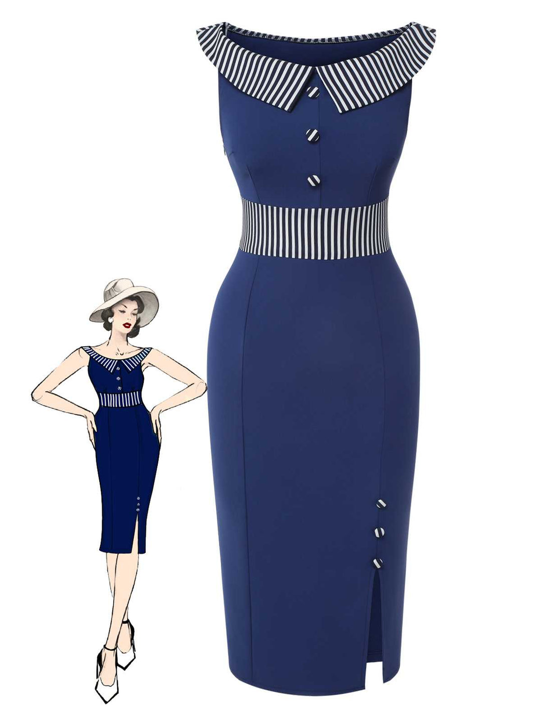 She slips into this Dark Blue 1960s Buttoned Stripes Dress and suddenly it&
