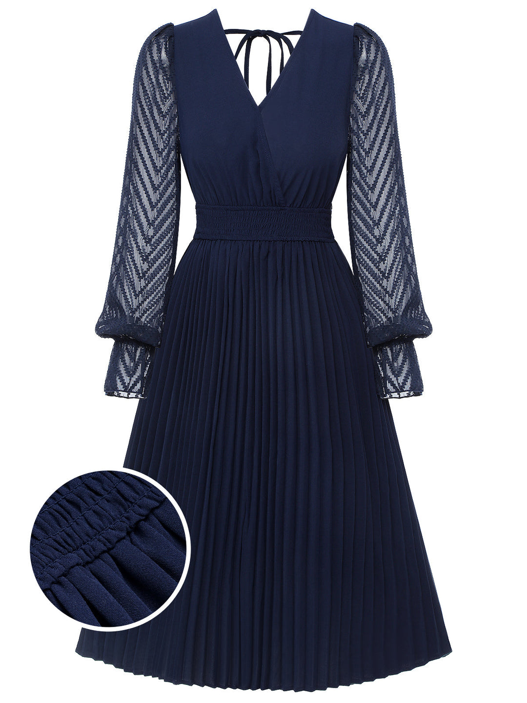 She slips into this Dark Blue 1960s Jacquard V-Neck Bishop Sleeve Dress and suddenly it&