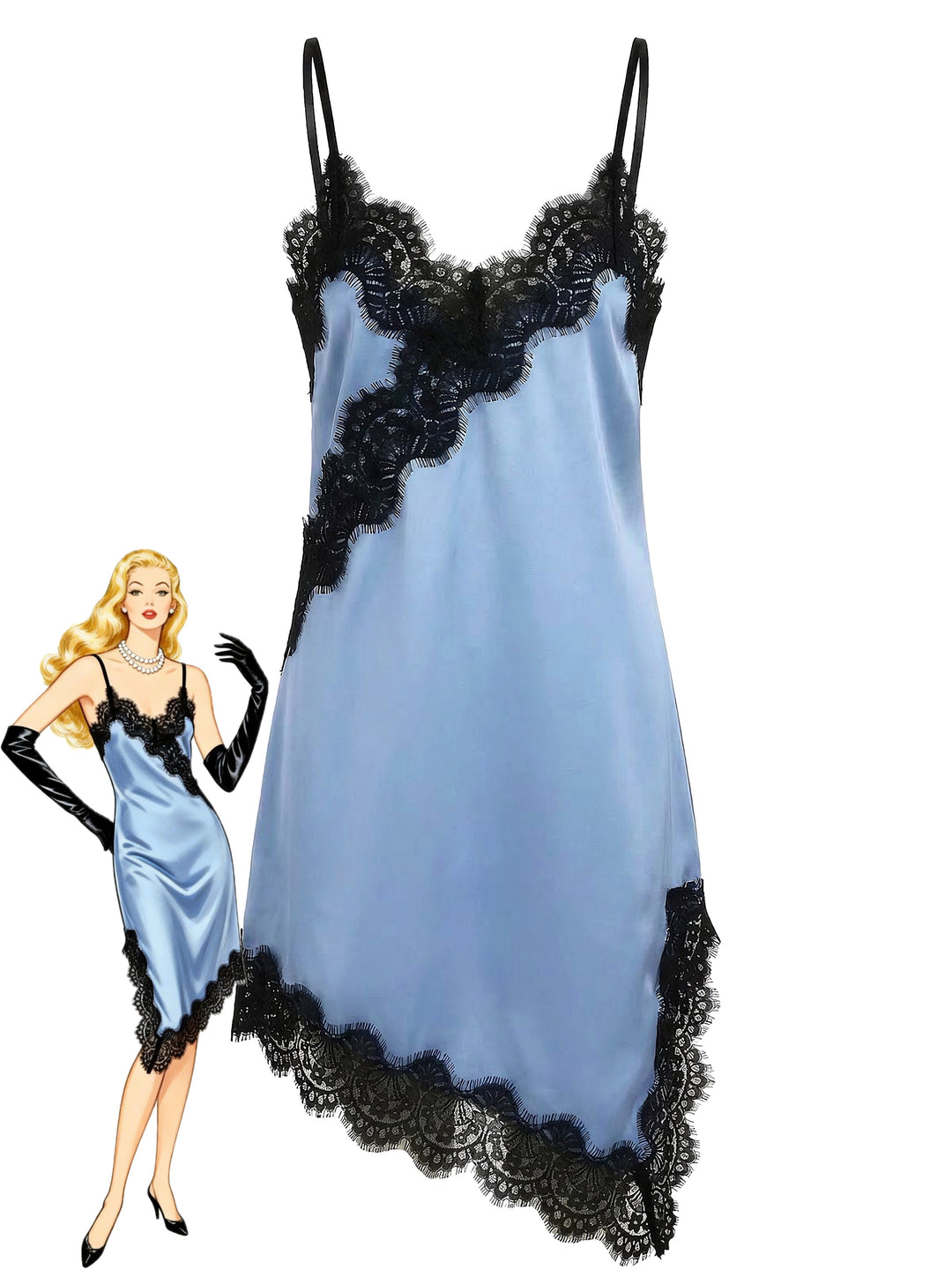 Dark Blue Satin Lace Spaghetti Strap Nightgown - vintage lingerie, retro nightgown, elegant sleepwear for vintage lovers