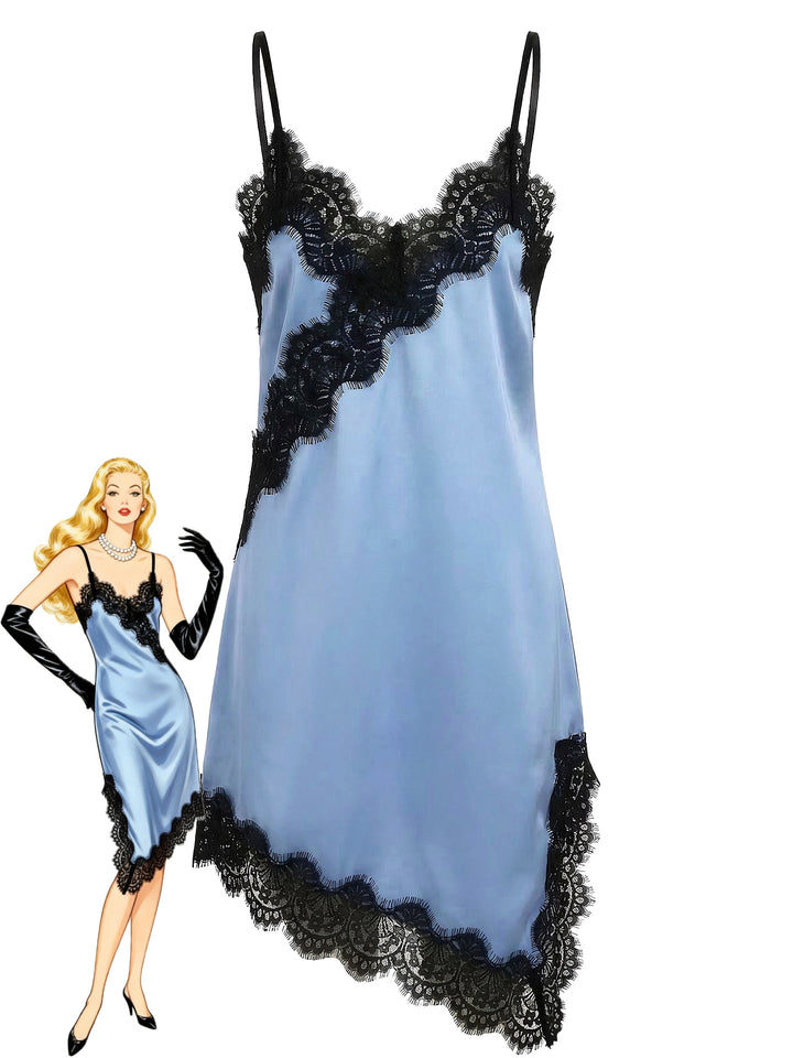 Dark Blue Satin Lace Spaghetti Strap Nightgown - vintage lingerie, retro nightgown, elegant sleepwear for vintage lovers