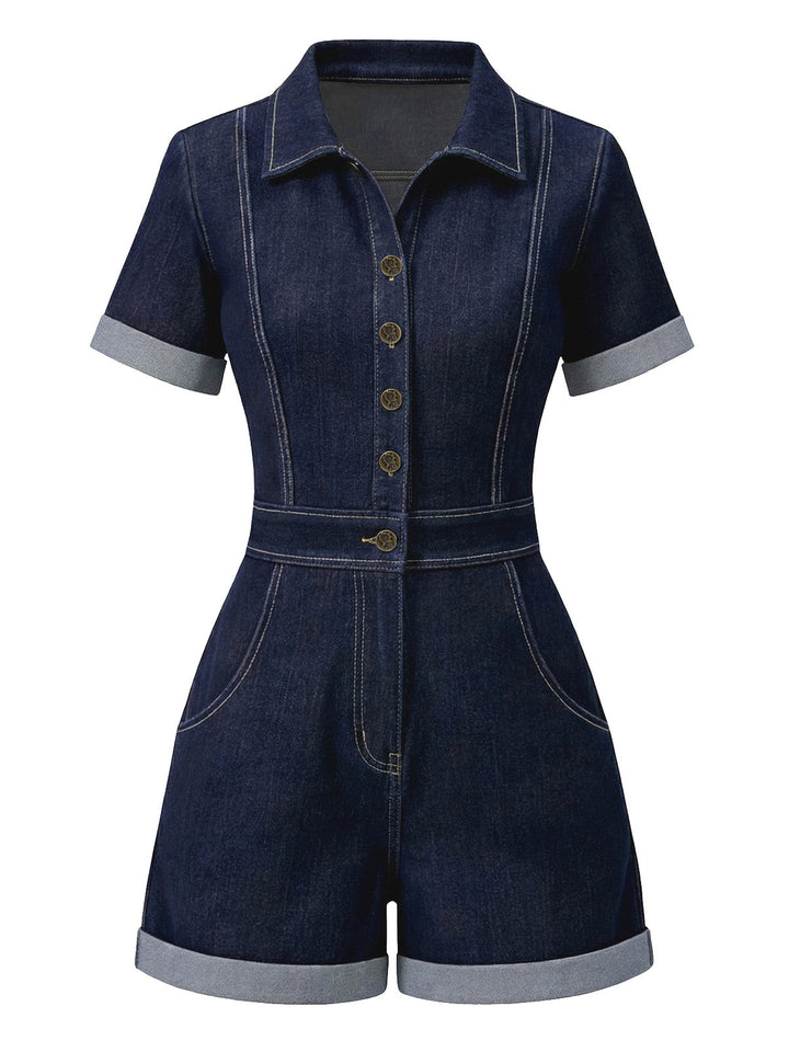 Dark Blue 1960s Shirt Collar Denim Romper - vintage jumpsuit, retro fashion
