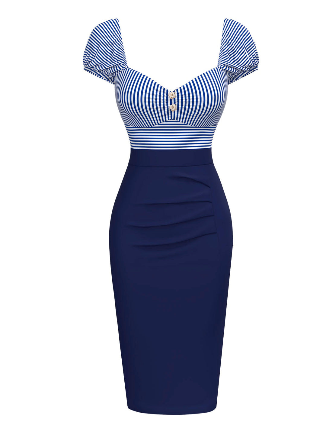 She slips into this Dark Blue 1960s Striped Puff Sleeves Pencil Dress and suddenly it&