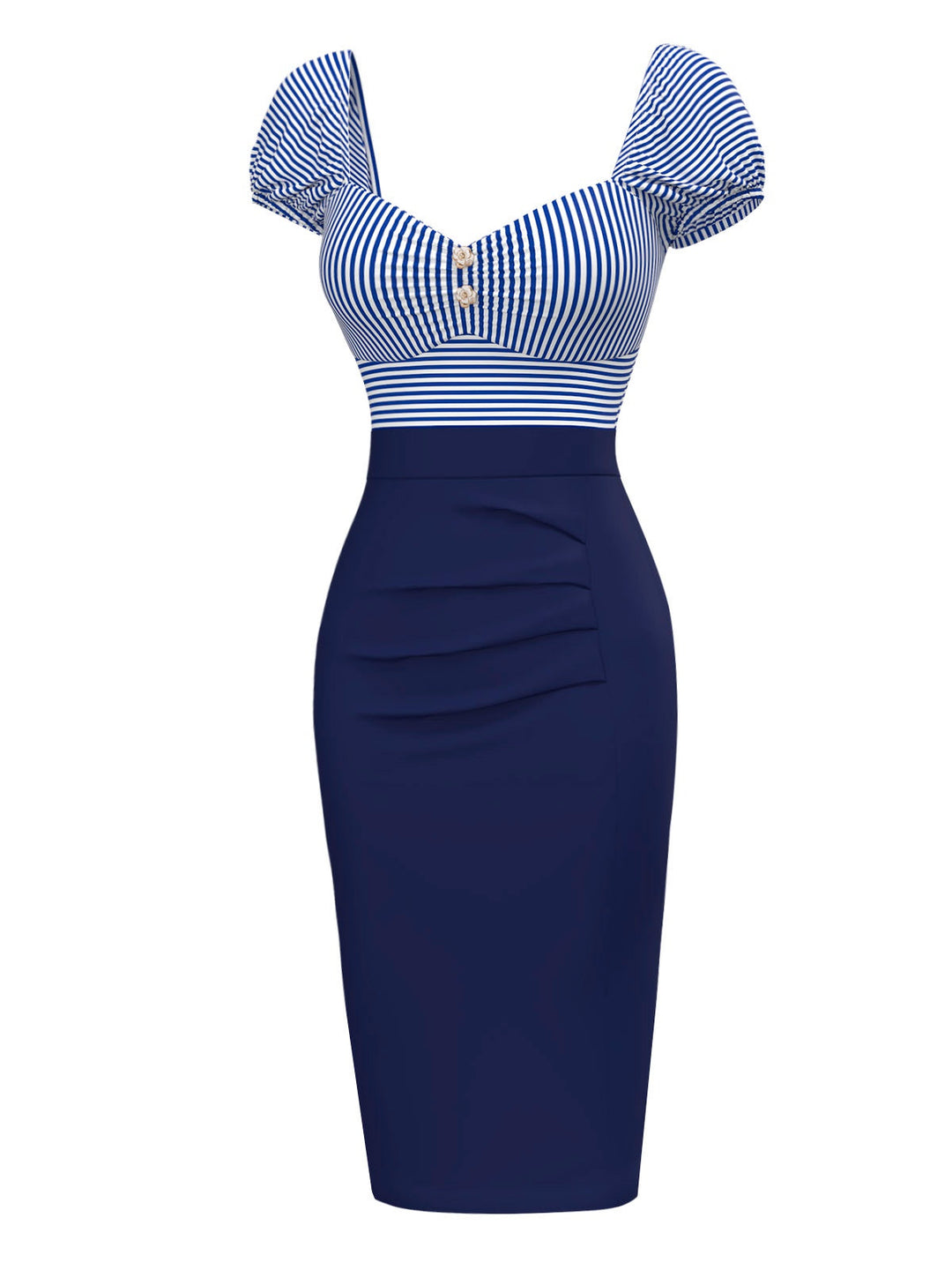 Dark Blue 1960s Striped Puff Sleeves Pencil Dress: where 1960s romance meets her modern spirit