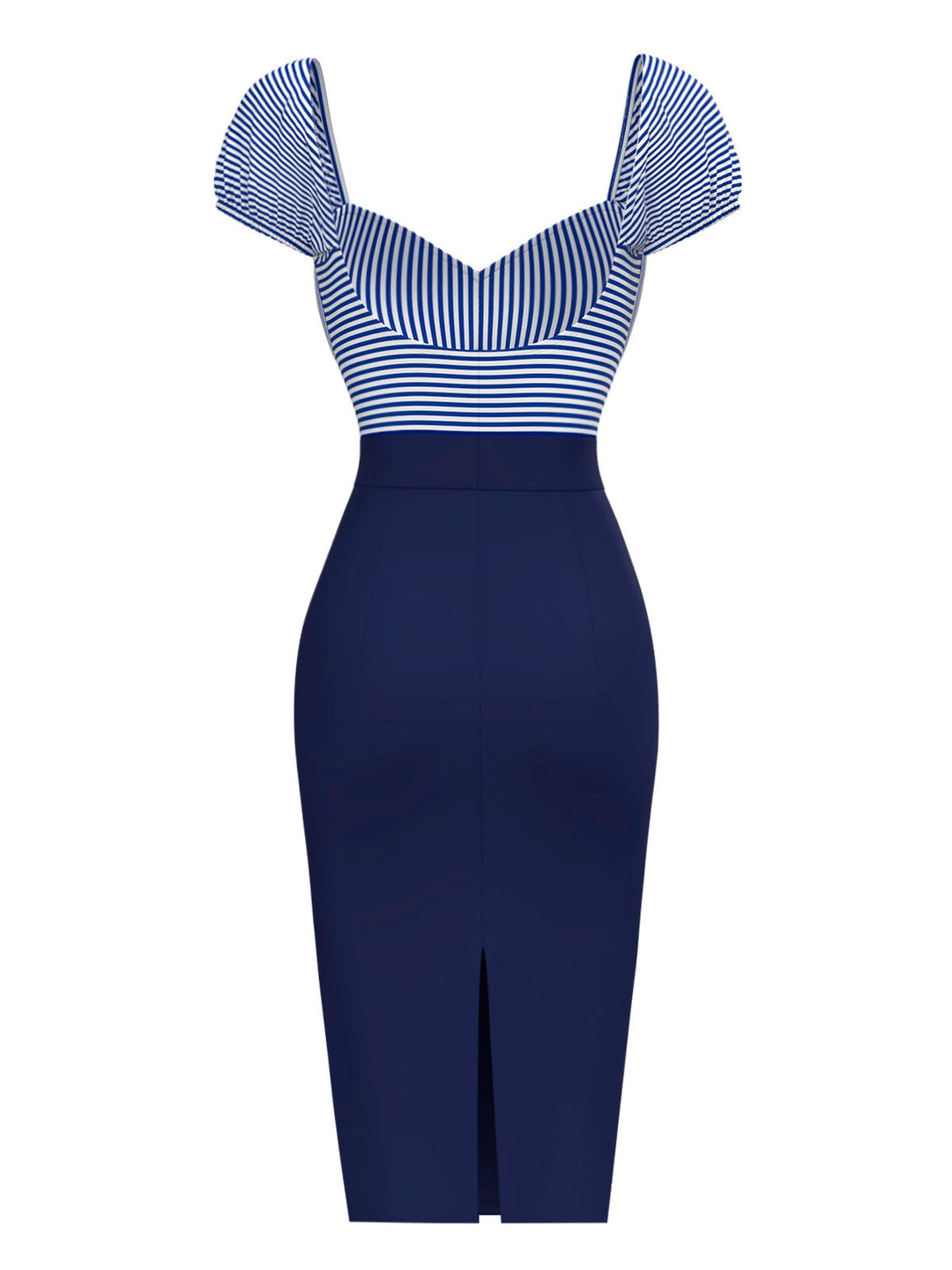 This Dark Blue 1960s Striped Puff Sleeves Pencil Dress wraps her in 1960s elegance, one twirl at a time