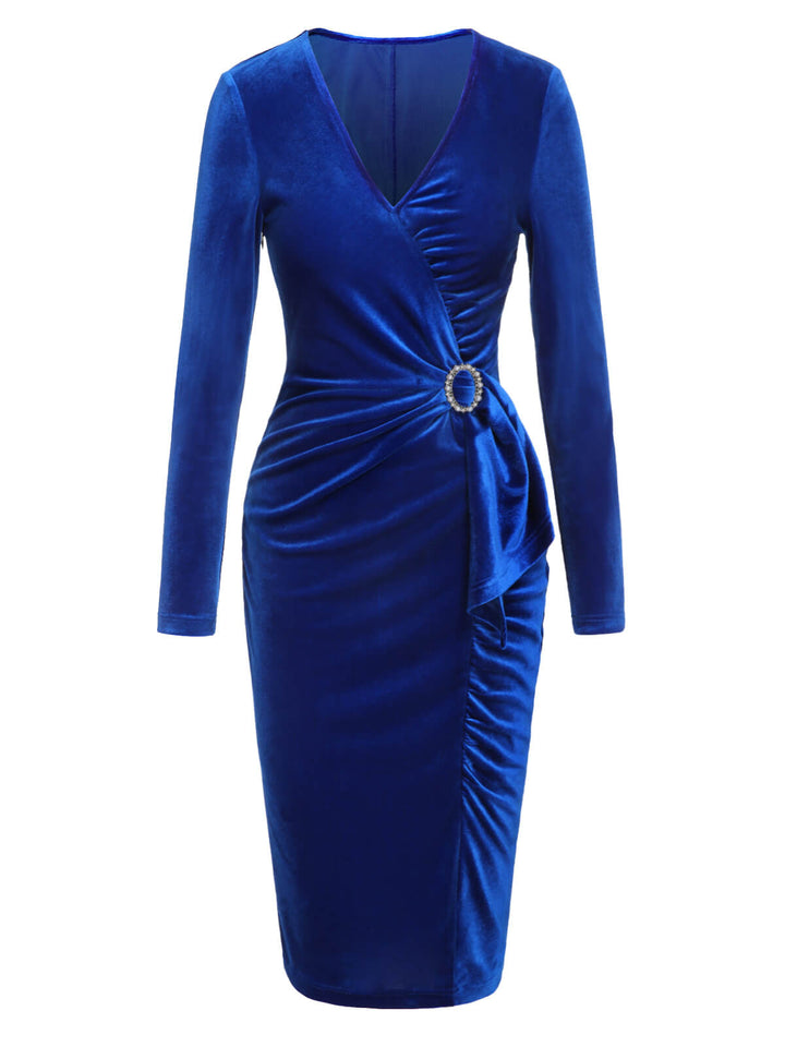 Dark Blue 1960s V-Neck Pleated Velvet Dress, vintage dress, retro fashion - perfect for women who love vintage and retro fashion