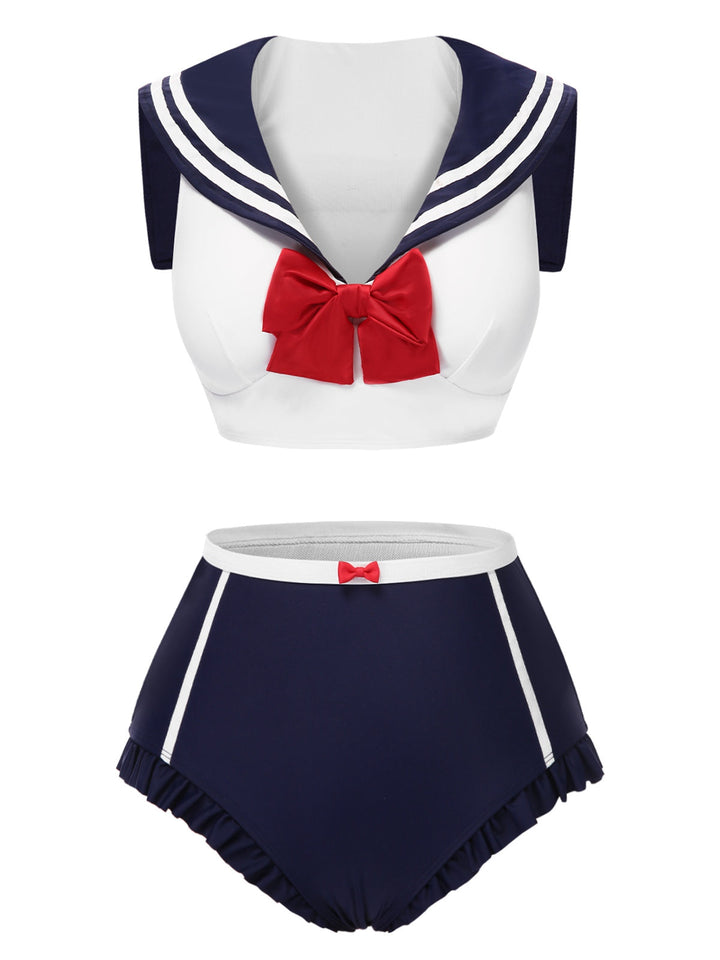 This Dark Blue Sailor Collar Bow Swimsuit carries vacation dreams in every stitch