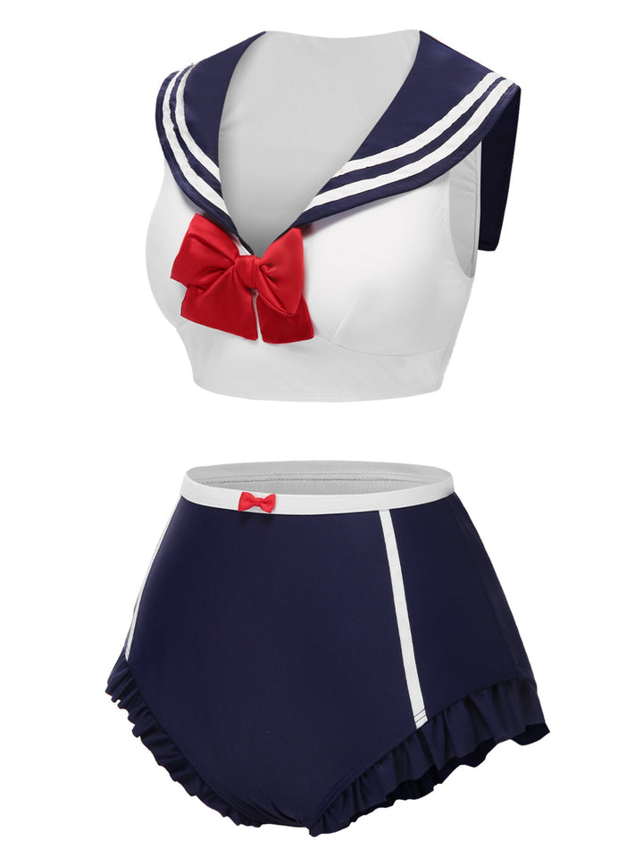 Dark Blue Sailor Collar Bow Swimsuit — because glamour never goes out of style