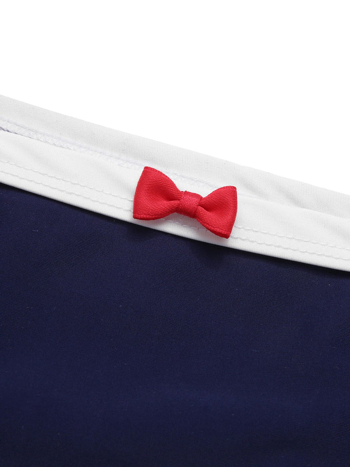 This Dark Blue Sailor Collar Bow Swimsuit carries vacation dreams in every stitch